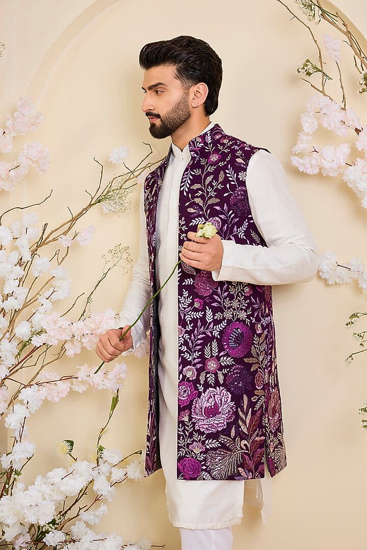 Deep Purple Velvet Embellished Long Open-Jacket by Kasbah Clothing at Pernia's Pop Up Shop