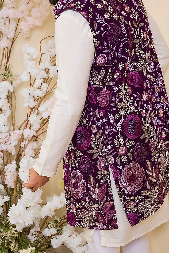 Deep Purple Velvet Embellished Long Open-Jacket by Kasbah Clothing at Pernia's Pop Up Shop