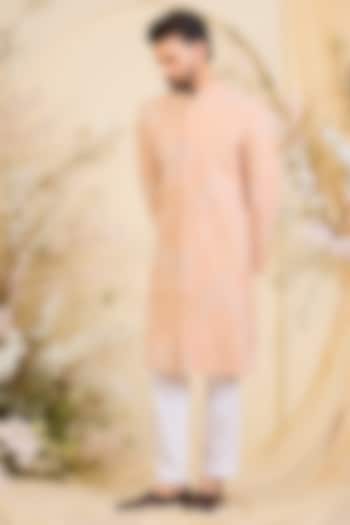 Peach Silk Hand Embroidered Wedding Sherwani by Kasbah Clothing at Pernia's Pop Up Shop