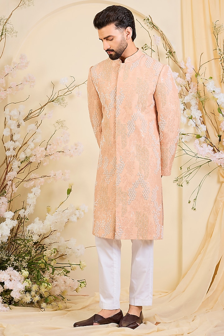Peach Silk Hand Embroidered Wedding Sherwani by Kasbah Clothing at Pernia's Pop Up Shop