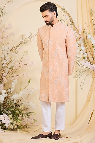 Peach Silk Hand Embroidered Sherwani by Kasbah Clothing