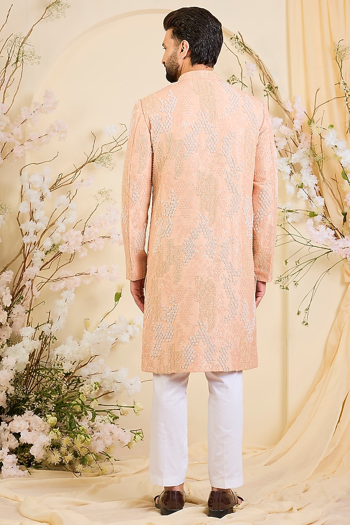 Peach Silk Hand Embroidered Wedding Sherwani by Kasbah Clothing at Pernia's Pop Up Shop