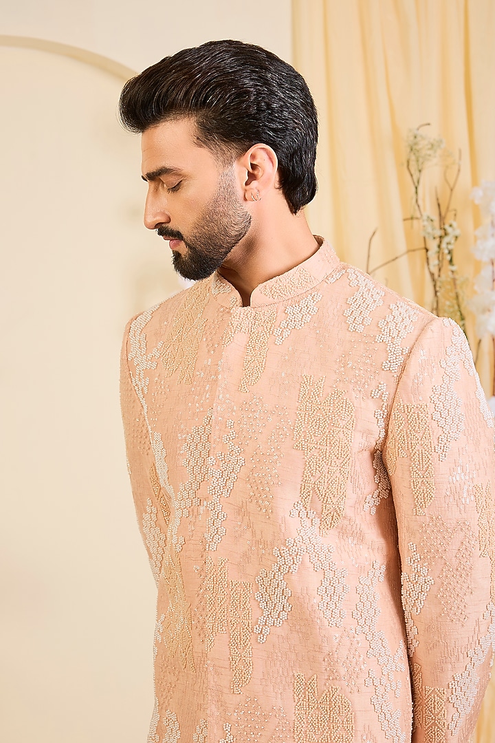 Peach Silk Hand Embroidered Wedding Sherwani by Kasbah Clothing at Pernia's Pop Up Shop