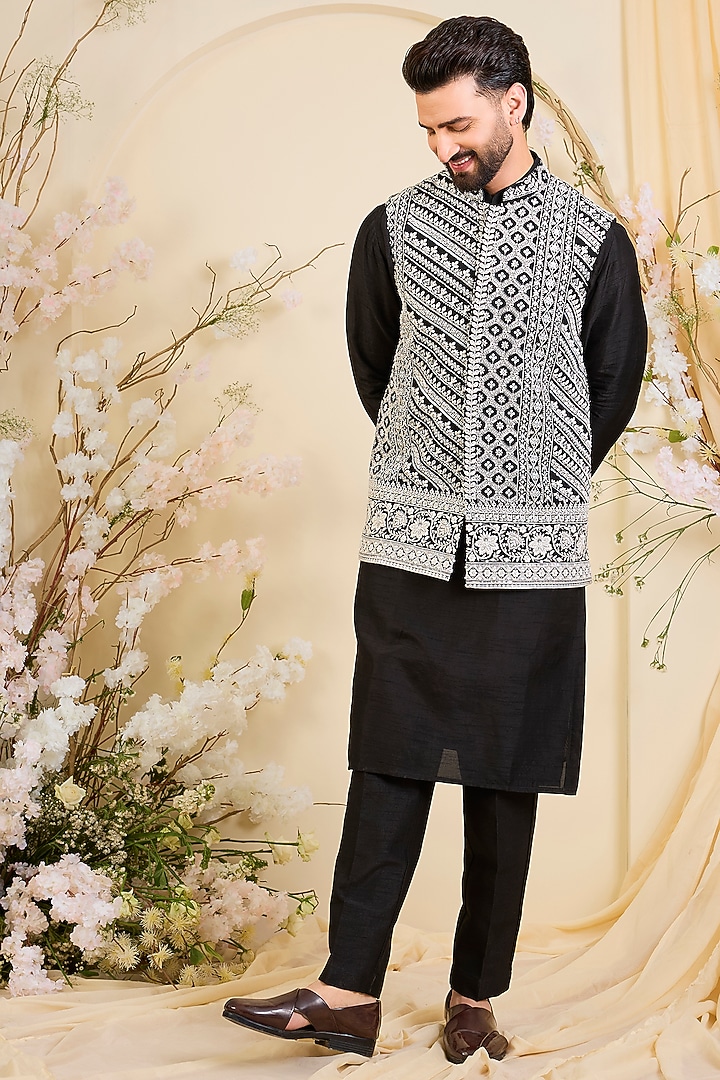 Black Georgette Hand Embroidered Nehru Jacket by Kasbah Clothing at Pernia's Pop Up Shop