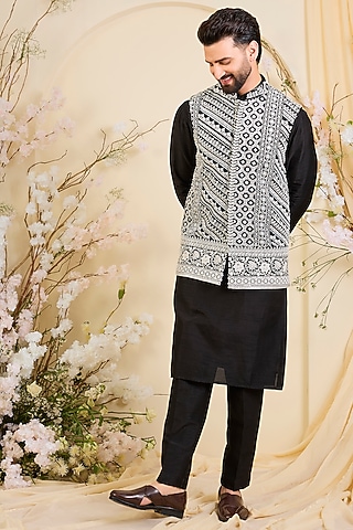 Black Georgette Hand Embroidered Nehru Jacket by Kasbah Clothing