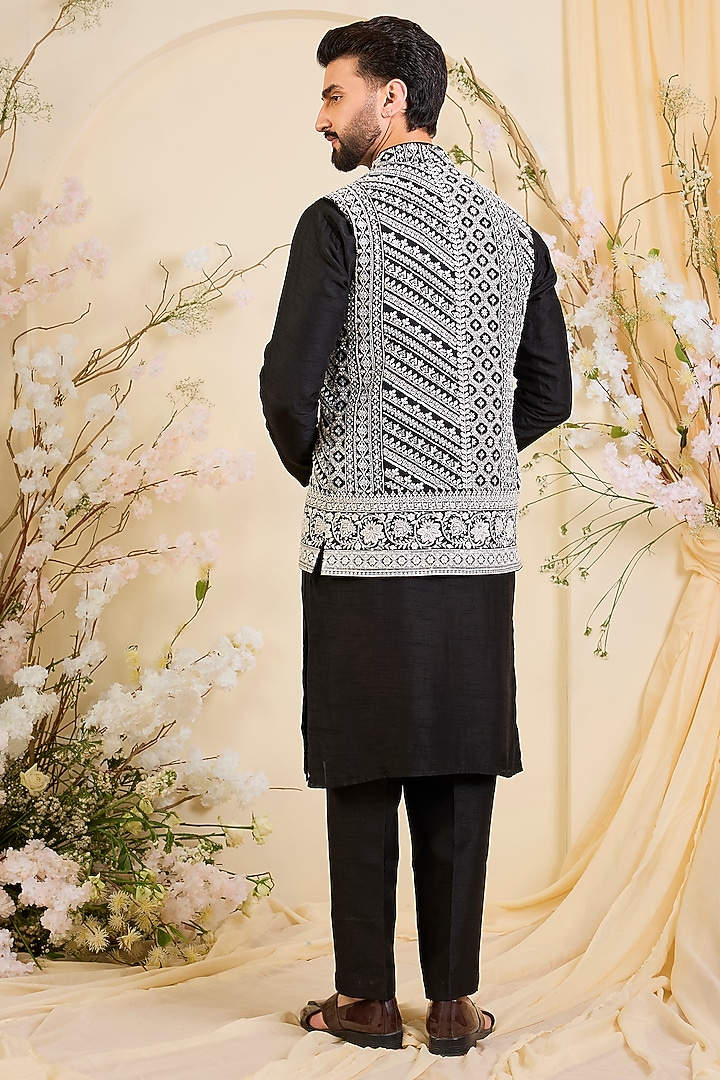 Black Georgette Hand Embroidered Nehru Jacket by Kasbah Clothing at Pernia's Pop Up Shop