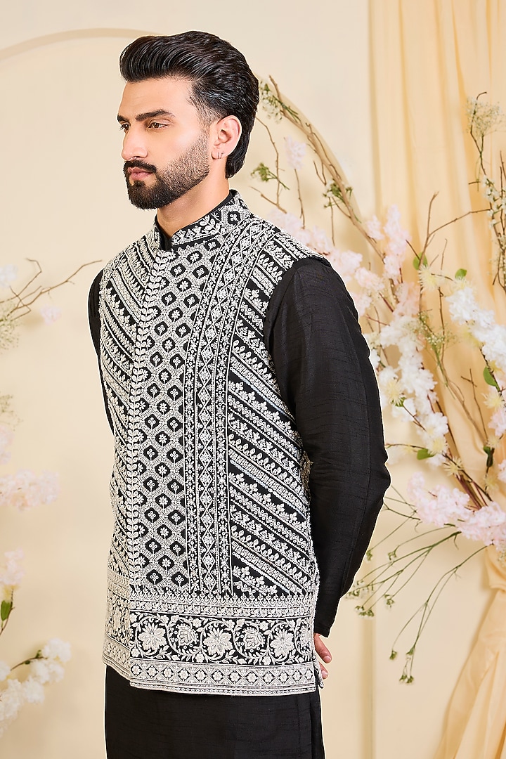 Black Georgette Hand Embroidered Nehru Jacket by Kasbah Clothing at Pernia's Pop Up Shop