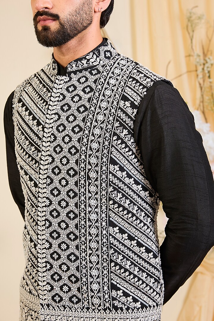 Black Georgette Hand Embroidered Nehru Jacket by Kasbah Clothing at Pernia's Pop Up Shop