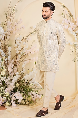 Gold Tissue Threadwork Short Kurta by Kasbah Clothing