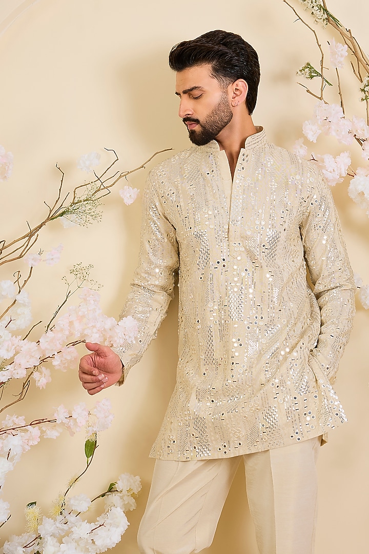 Gold Tissue Threadwork Short Kurta by Kasbah Clothing at Pernia's Pop Up Shop