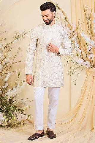 Beige Silk Embroidered Short Kurta by Kasbah Clothing