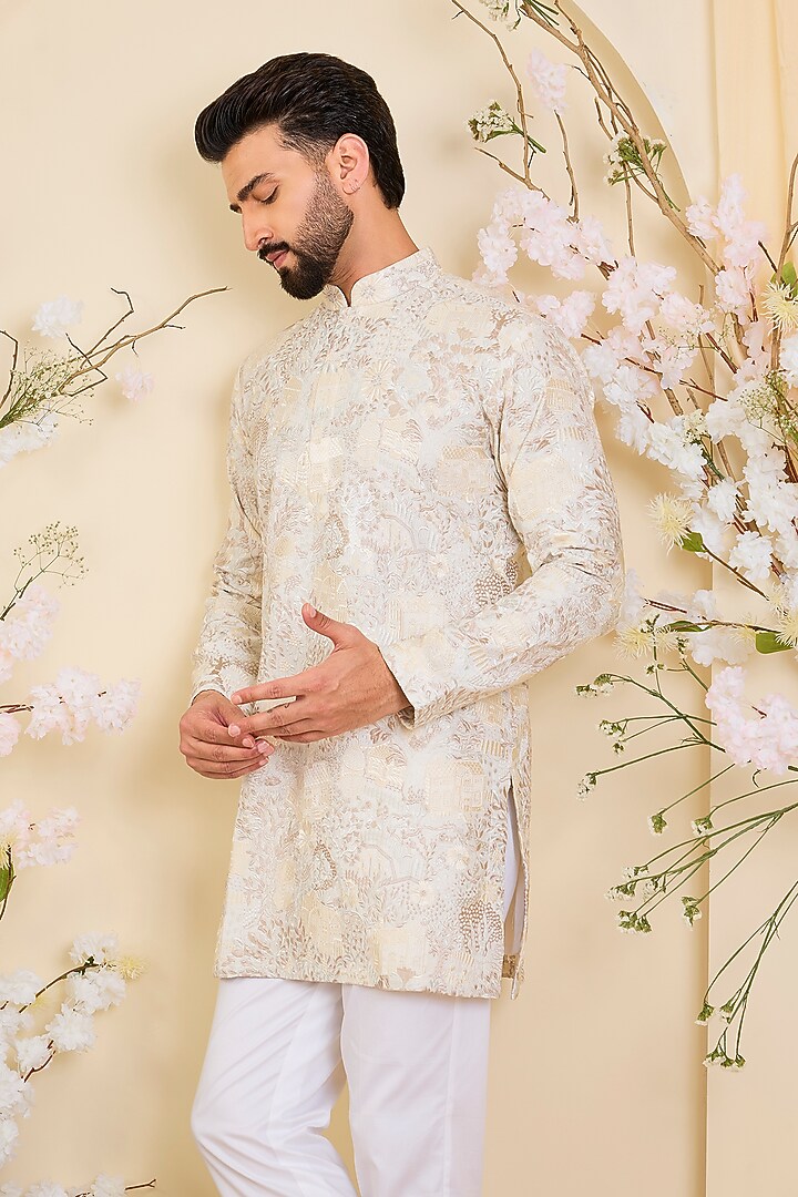 Beige Silk Embroidered Short Kurta by Kasbah Clothing at Pernia's Pop Up Shop