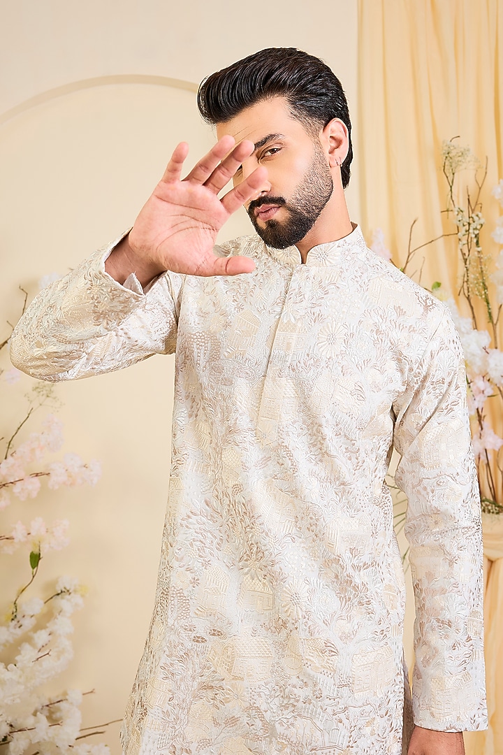 Beige Silk Embroidered Short Kurta by Kasbah Clothing at Pernia's Pop Up Shop