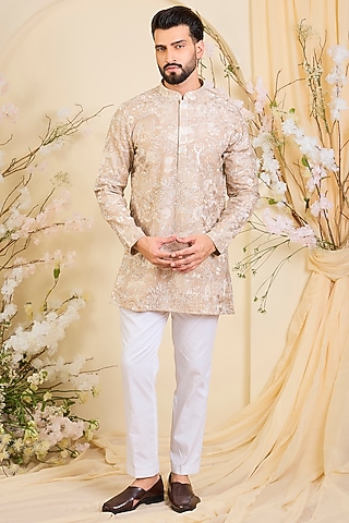 Dark Beige Silk Embroidered Short Kurta by Kasbah Clothing