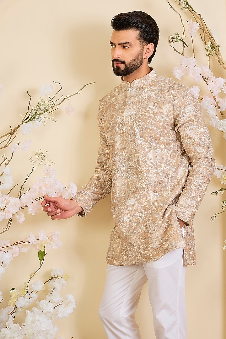 Dark Beige Silk Embroidered Short Kurta by Kasbah Clothing at Pernia's Pop Up Shop