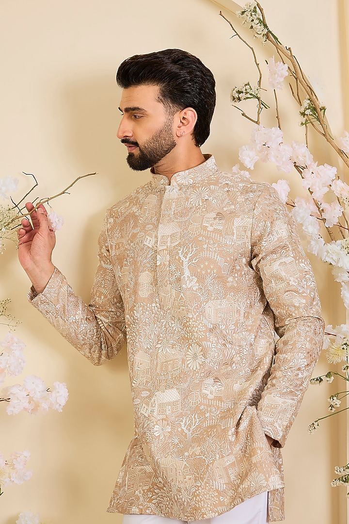Dark Beige Silk Embroidered Short Kurta by Kasbah Clothing at Pernia's Pop Up Shop