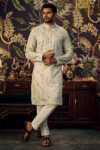 Beige Georgette Kashmiri Embroidered Kurta by Kasbah Clothing
