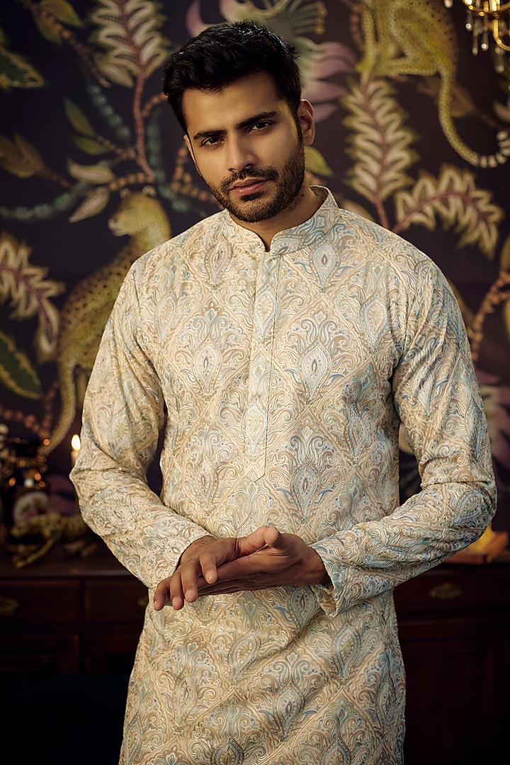 Beige Georgette Kashmiri Embroidered Kurta by Kasbah Clothing at Pernia's Pop Up Shop