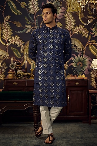 Navy Blue Georgette Sequins Embroidered Kurta by Kasbah Clothing