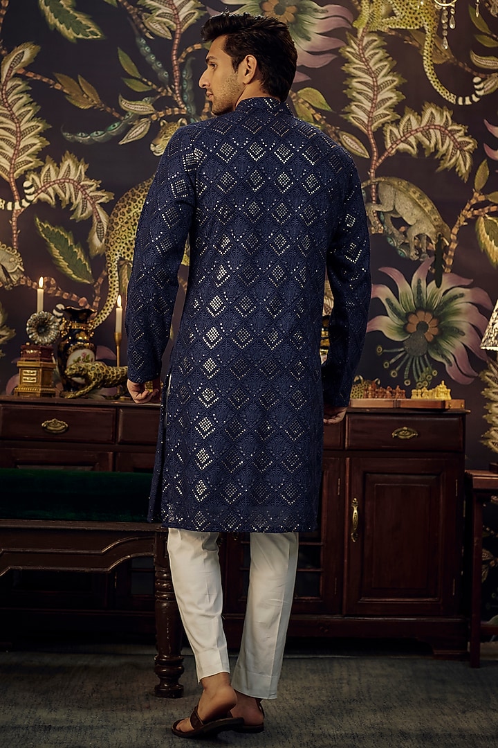 Navy Blue Georgette Sequins Embroidered Kurta by Kasbah Clothing at Pernia's Pop Up Shop