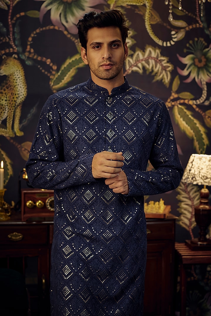 Navy Blue Georgette Sequins Embroidered Kurta by Kasbah Clothing at Pernia's Pop Up Shop