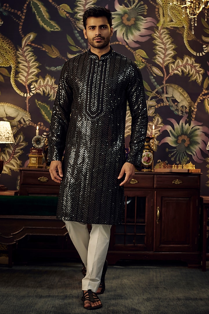 Black Chanderi Hand Embroidered Kurta by Kasbah Clothing at Pernia's Pop Up Shop