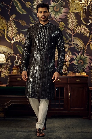 Black Chanderi Hand Embroidered Kurta by Kasbah Clothing