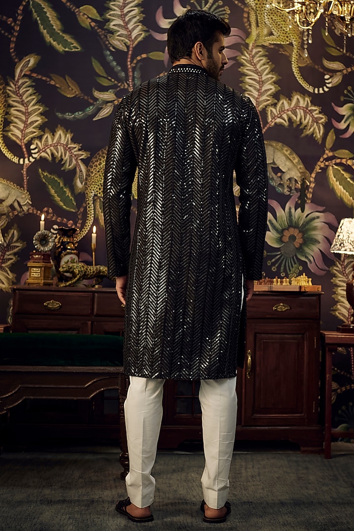 Black Chanderi Hand Embroidered Kurta by Kasbah Clothing at Pernia's Pop Up Shop