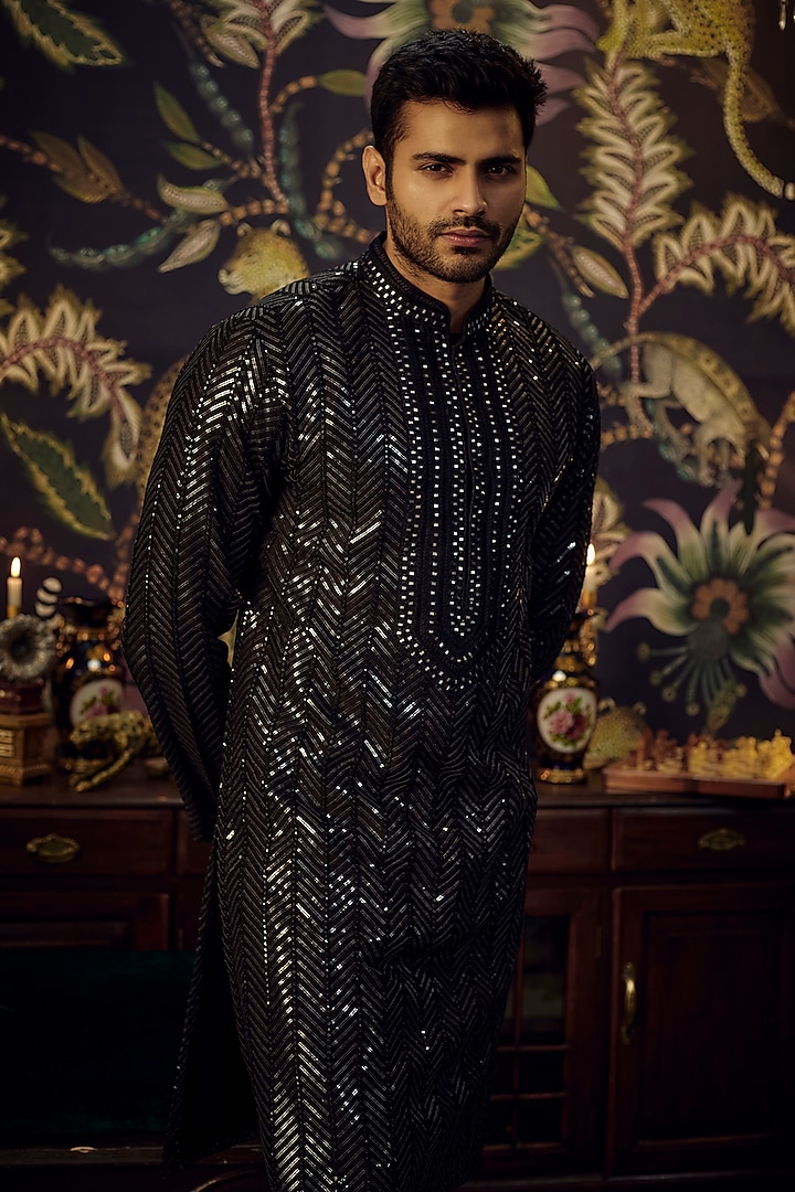 Black Chanderi Hand Embroidered Kurta by Kasbah Clothing at Pernia's Pop Up Shop