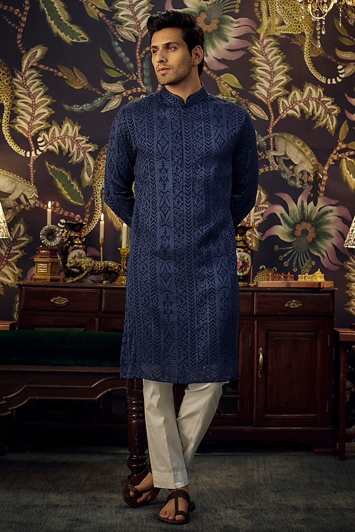 Navy Blue Georgette Thread Work Chikankari Kurta by Kasbah Clothing at Pernia's Pop Up Shop