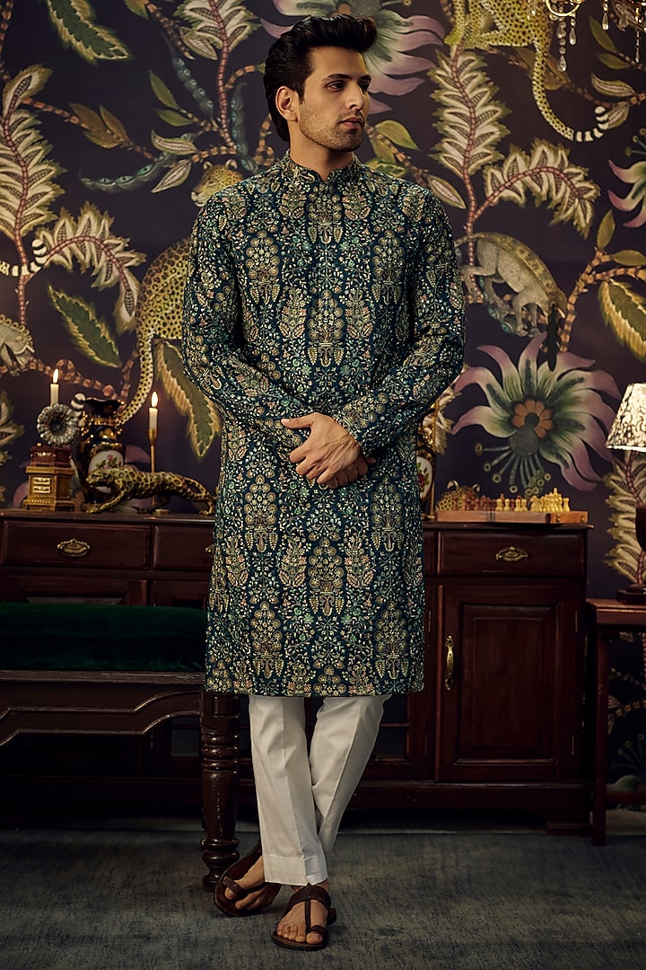 Green Silk Thread Work Chikankari Kurta by Kasbah Clothing