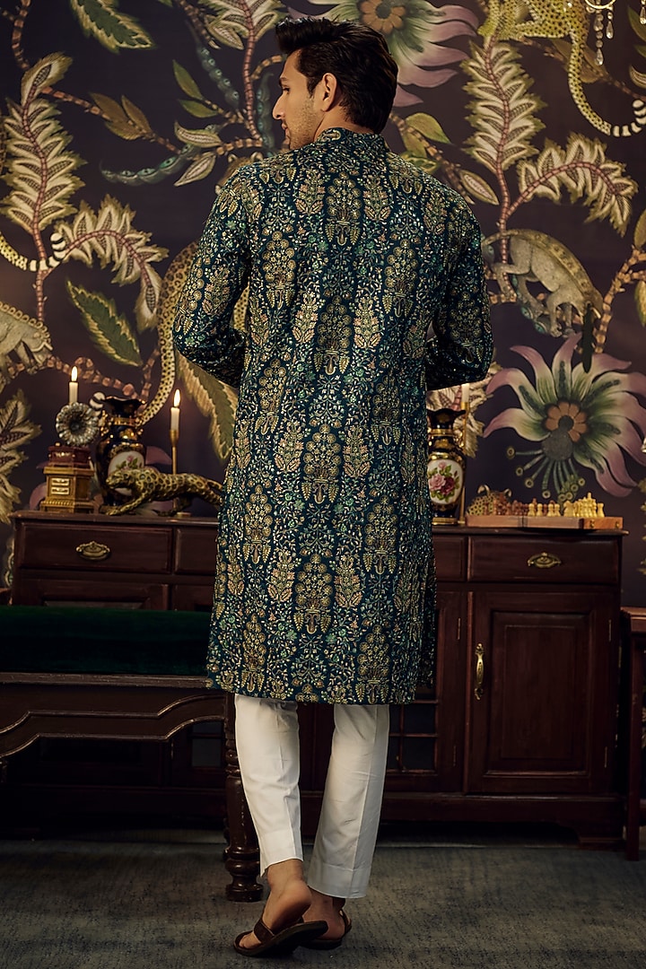 Green Silk Thread Work Chikankari Kurta by Kasbah Clothing at Pernia's Pop Up Shop