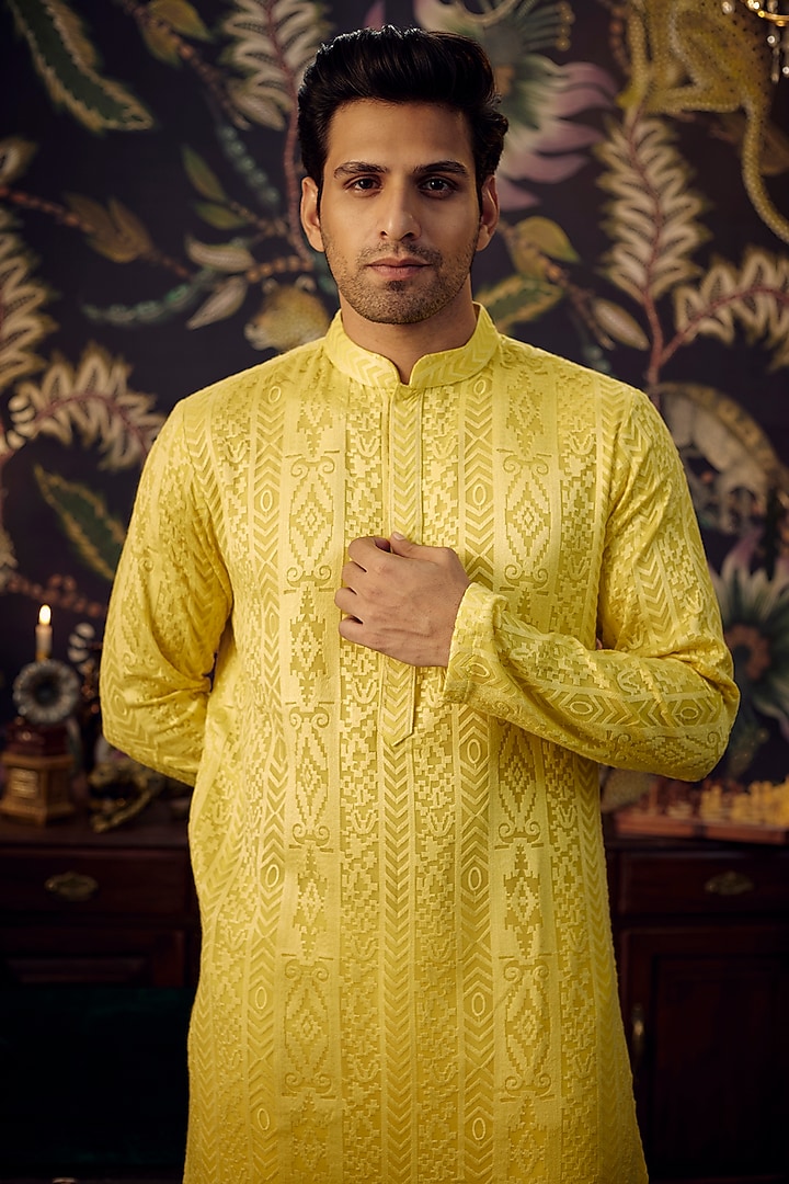 Yellow Georgette Thread Work Chikankari Kurta by Kasbah Clothing at Pernia's Pop Up Shop