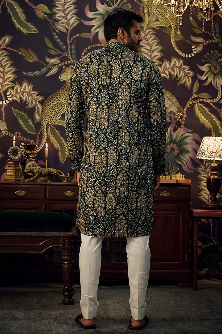 Black Silk Thread Work Kurta by Kasbah Clothing at Pernia's Pop Up Shop