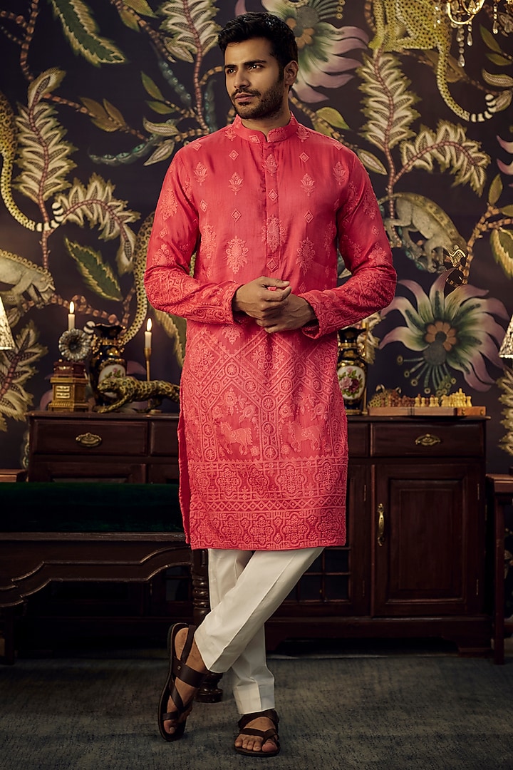 Hot Pink Silk Embroidered Kurta by Kasbah Clothing at Pernia's Pop Up Shop