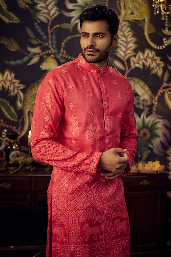 Hot Pink Silk Embroidered Kurta by Kasbah Clothing at Pernia's Pop Up Shop