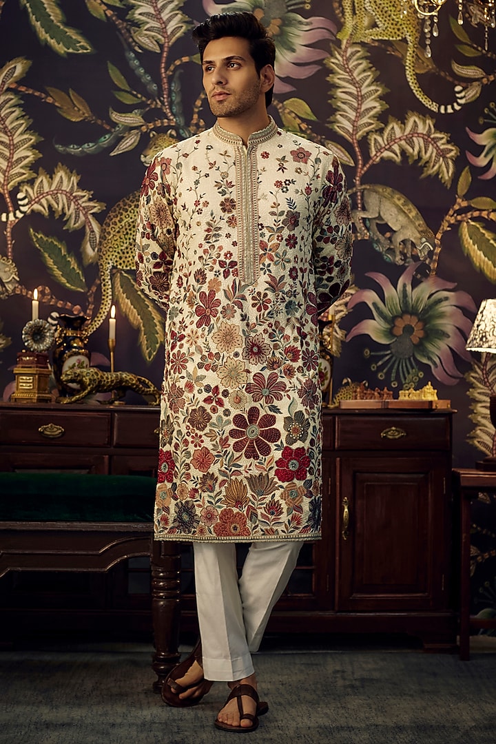 Ivory Georgette Floral Embroidered Kurta by Kasbah Clothing at Pernia's Pop Up Shop