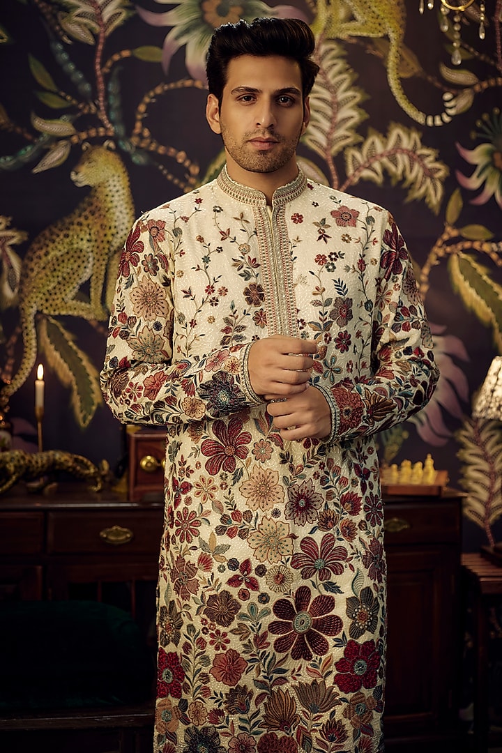 Ivory Georgette Floral Embroidered Kurta by Kasbah Clothing at Pernia's Pop Up Shop