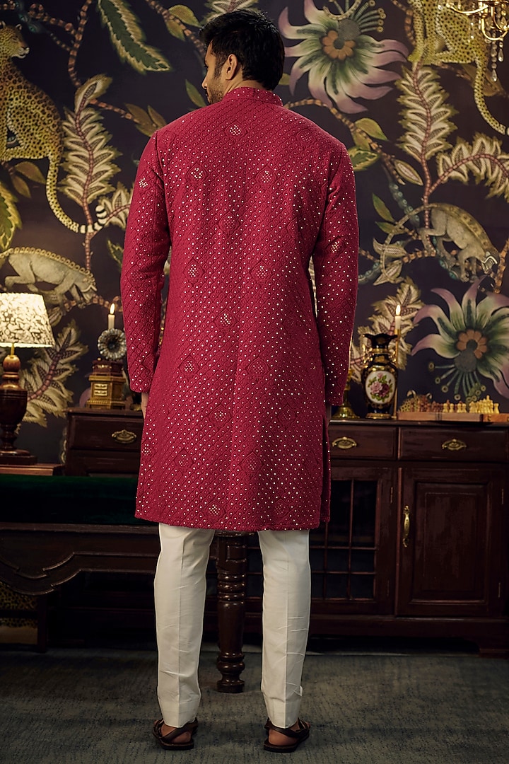 Red Georgette Sequins Embroidered Kurta by Kasbah Clothing at Pernia's Pop Up Shop