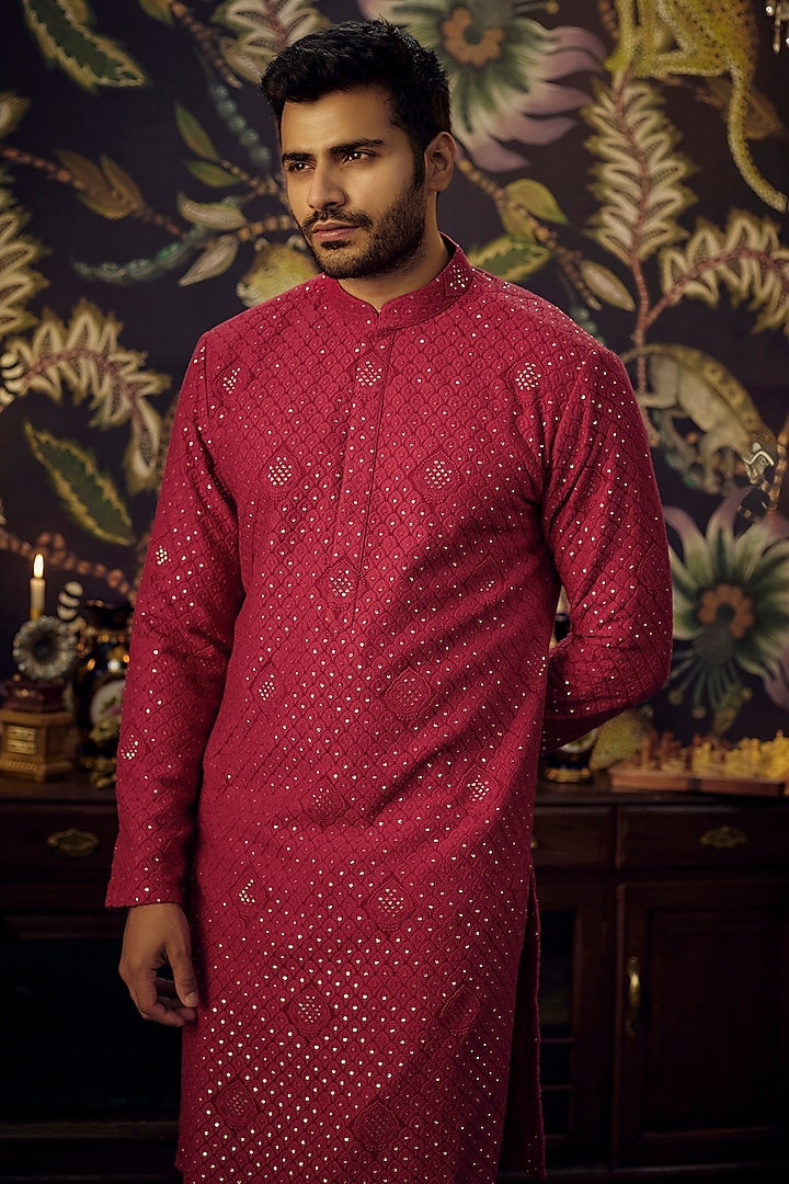 Red Georgette Sequins Embroidered Kurta by Kasbah Clothing at Pernia's Pop Up Shop