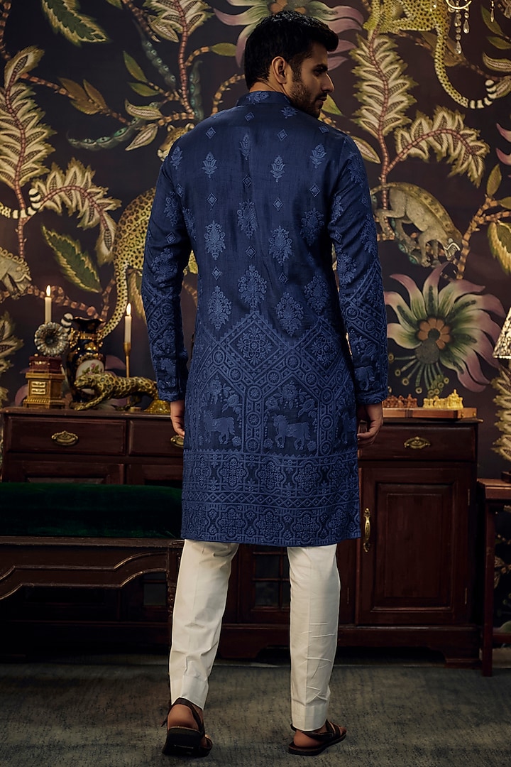 Navy Blue Silk Embroidered Kurta by Kasbah Clothing at Pernia's Pop Up Shop