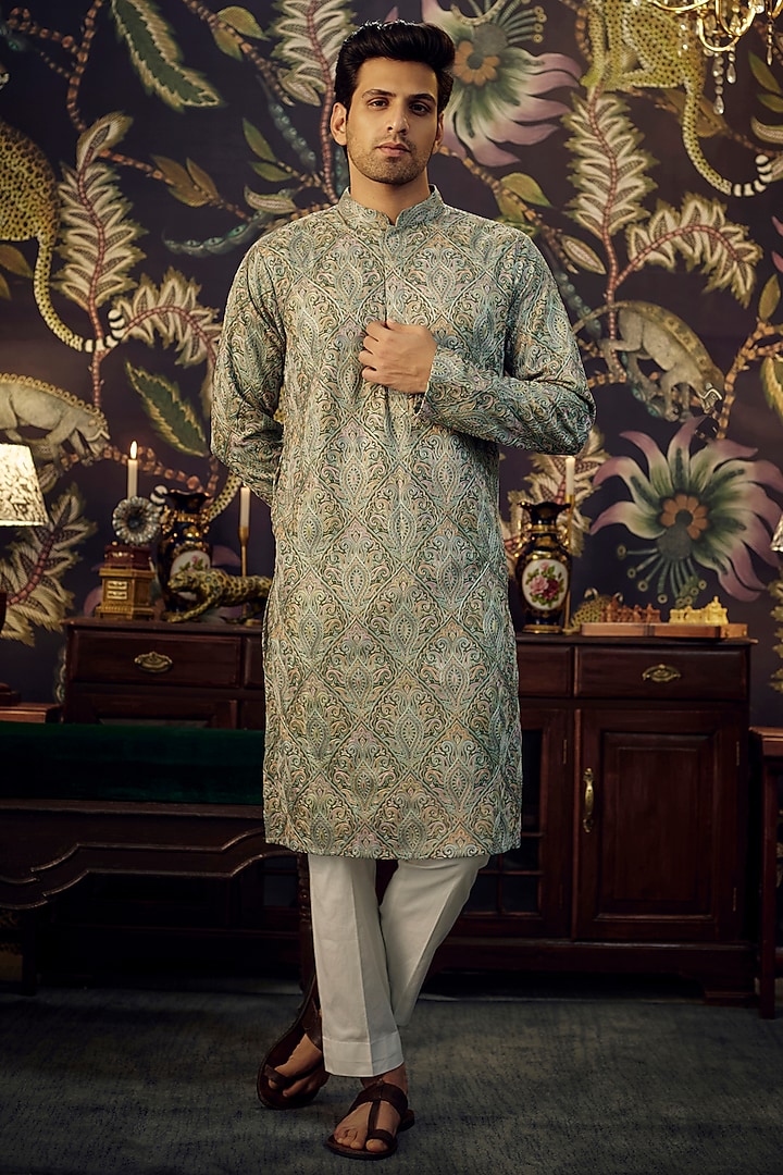Green Georgette Kashmiri Embroidered Kurta by Kasbah Clothing at Pernia's Pop Up Shop