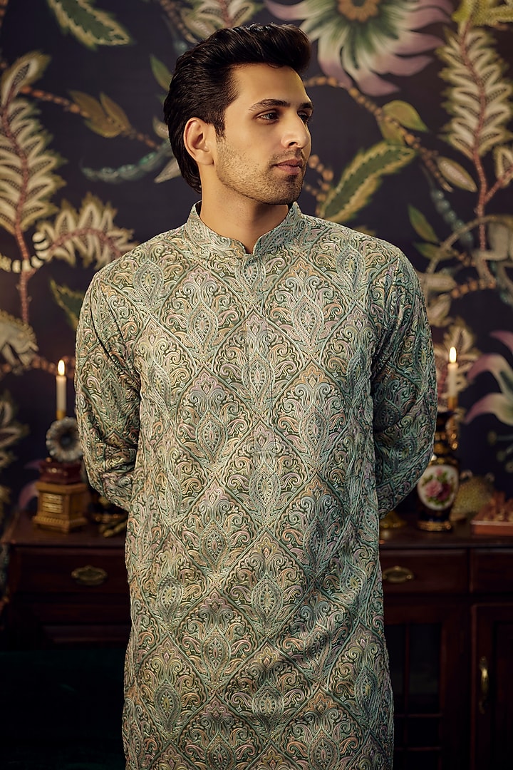 Green Georgette Kashmiri Embroidered Kurta by Kasbah Clothing at Pernia's Pop Up Shop