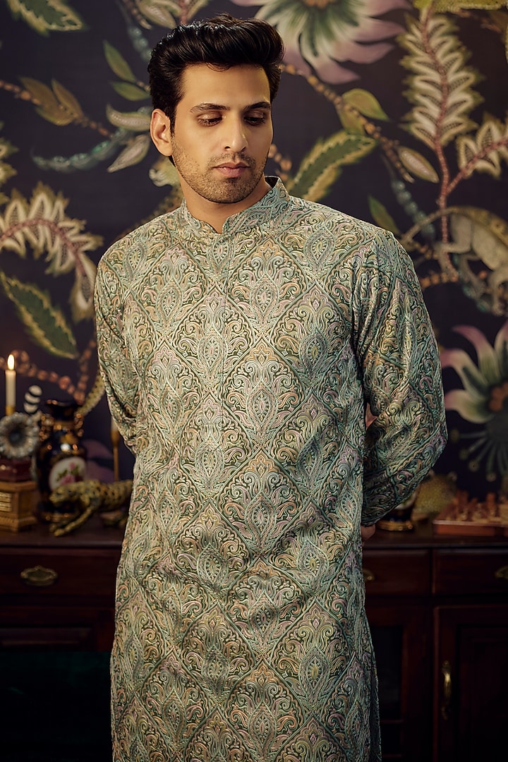 Green Georgette Kashmiri Embroidered Kurta by Kasbah Clothing at Pernia's Pop Up Shop