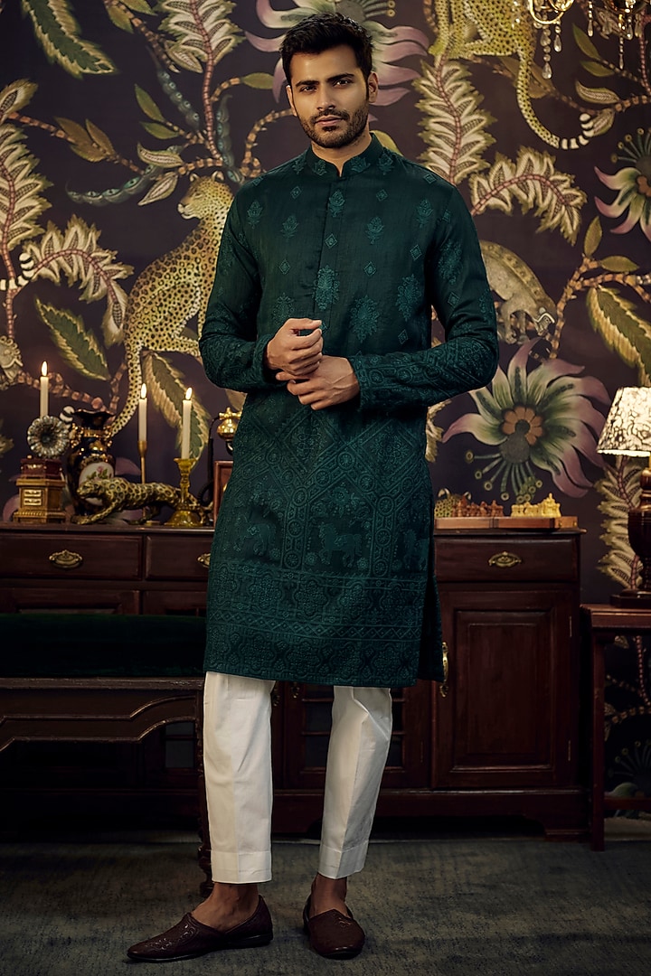 Bottle Green Silk Embroidered Kurta by Kasbah Clothing at Pernia's Pop Up Shop
