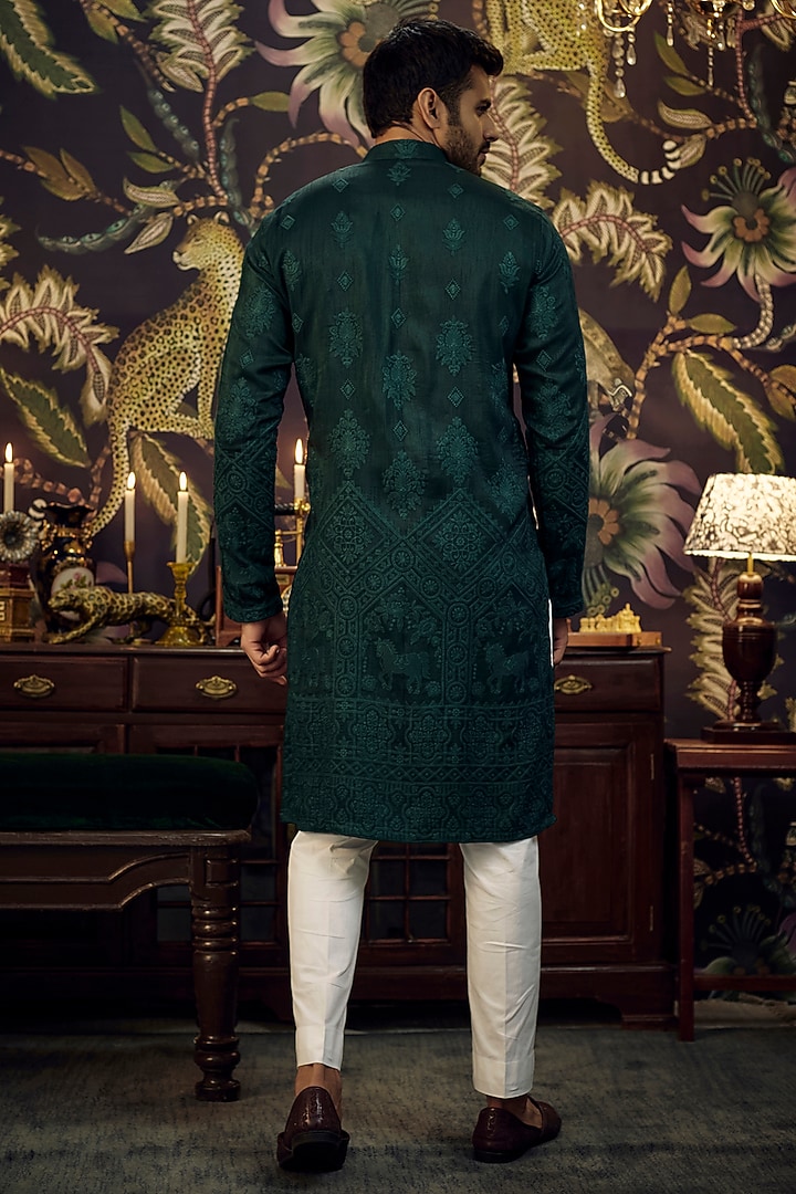 Bottle Green Silk Embroidered Kurta by Kasbah Clothing at Pernia's Pop Up Shop