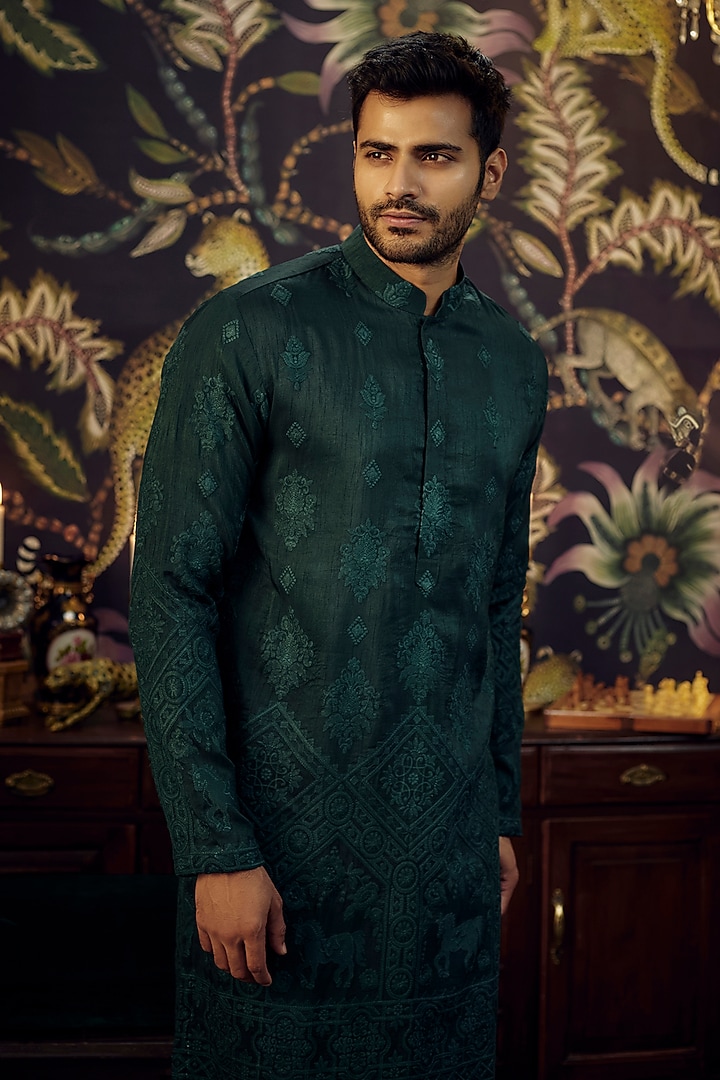Bottle Green Silk Embroidered Kurta by Kasbah Clothing at Pernia's Pop Up Shop