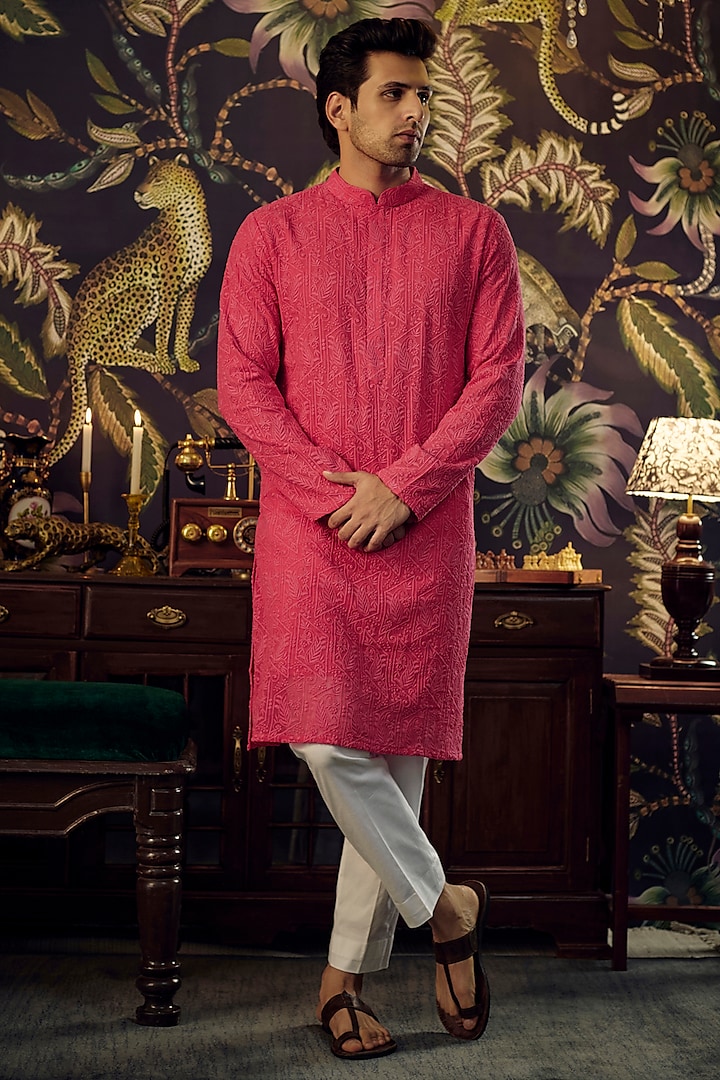 Hot Pink Georgette Paisley Embroidered Chikankari Kurta by Kasbah Clothing at Pernia's Pop Up Shop