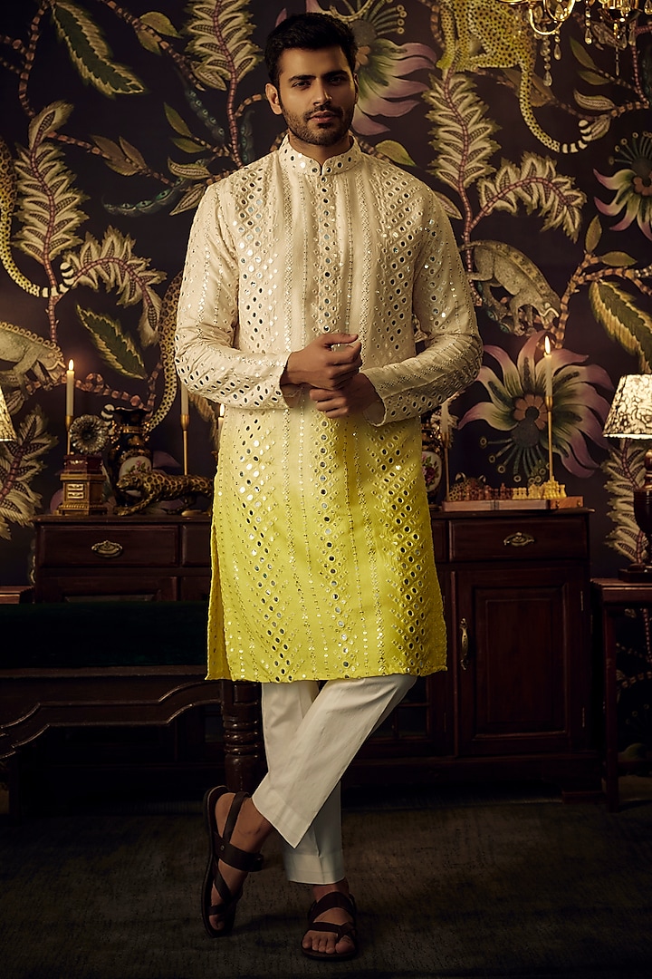 Cream & Yellow Ombre Silk Mirror Work Kurta by Kasbah Clothing