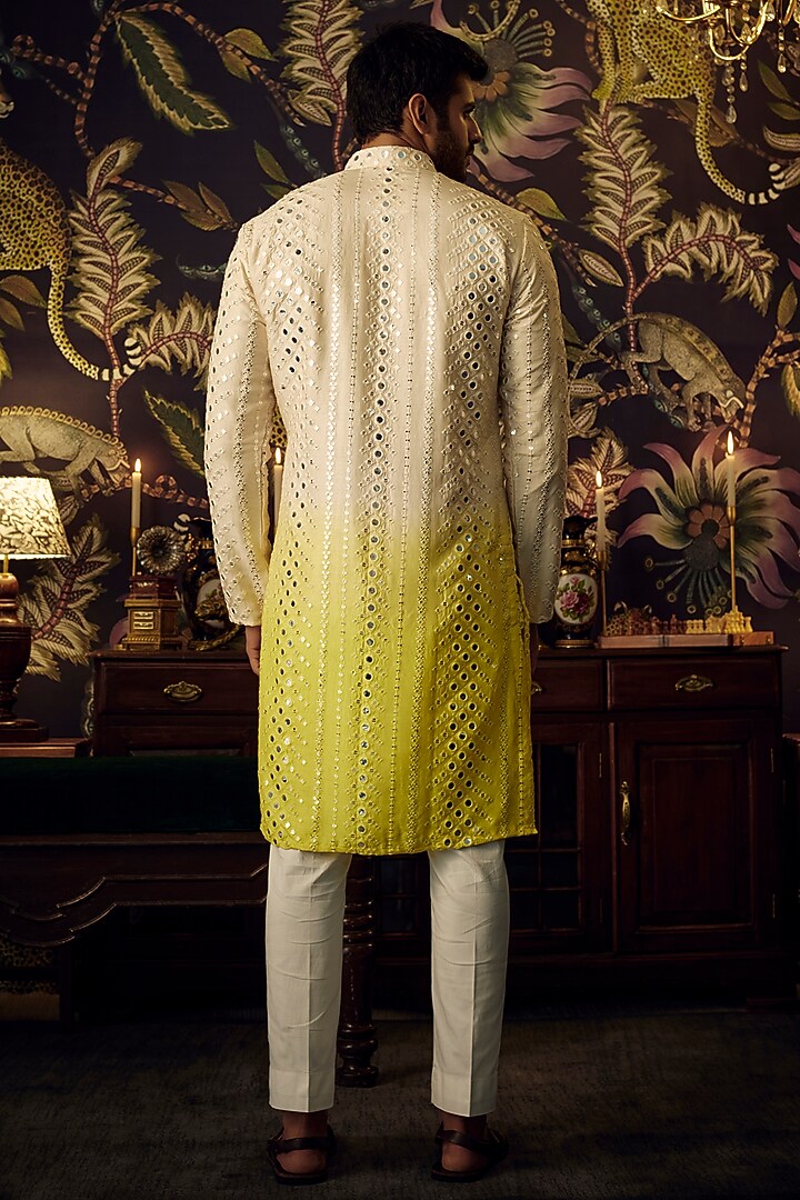 Cream & Yellow Ombre Silk Mirror Work Kurta by Kasbah Clothing at Pernia's Pop Up Shop